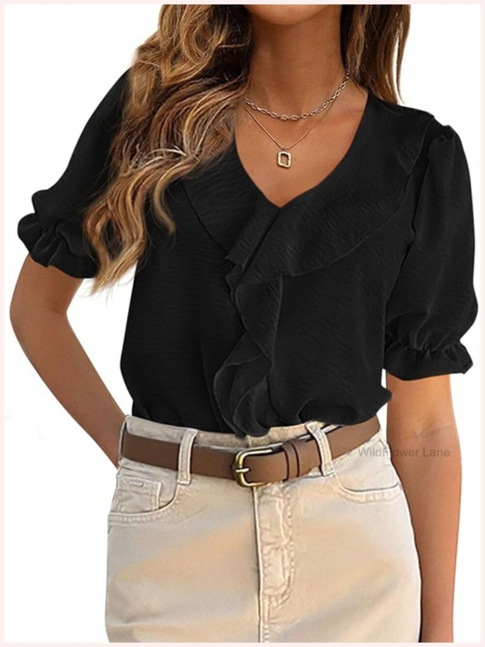 Puff Sleeve V Neck Ruffle Blouse, Lightweight Textured Top, Business Casual,